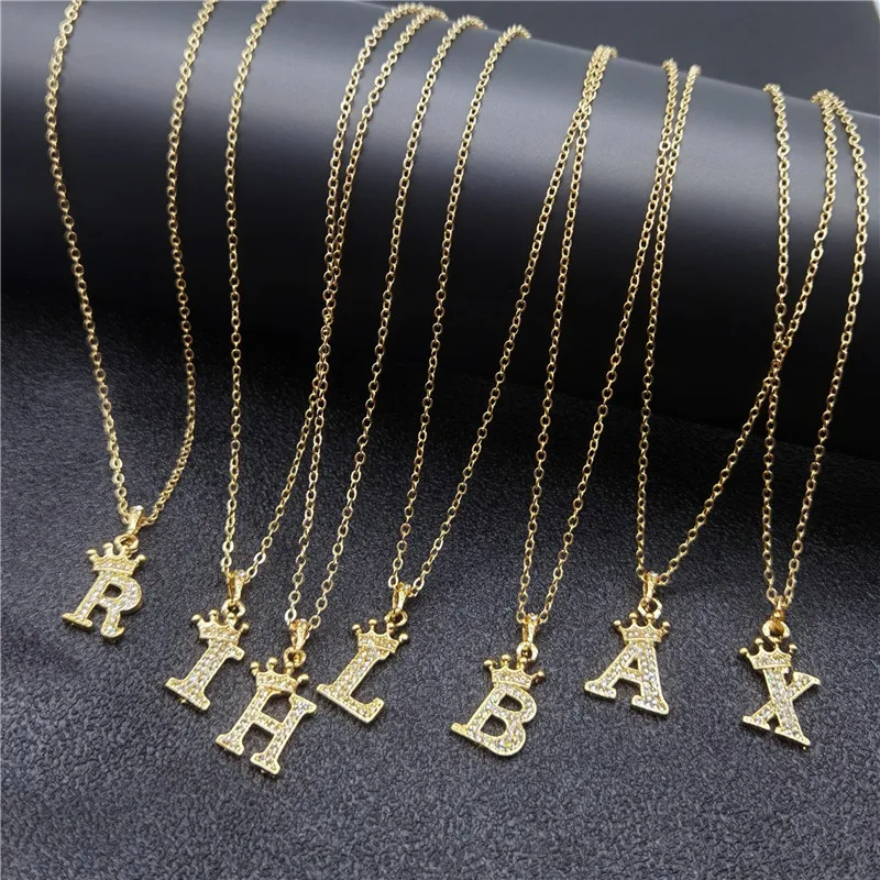 Hot sale letter crown necklace for women crystal diamond 26 letters necklace for women