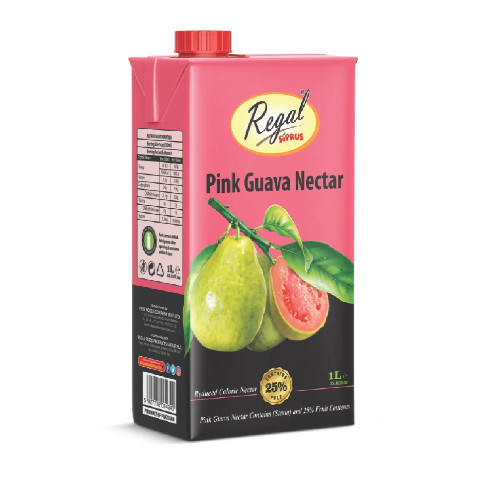 Высококачественный розовый сок гуавы Regal Siprus 12x1000 мл, Высококачественная упаковка