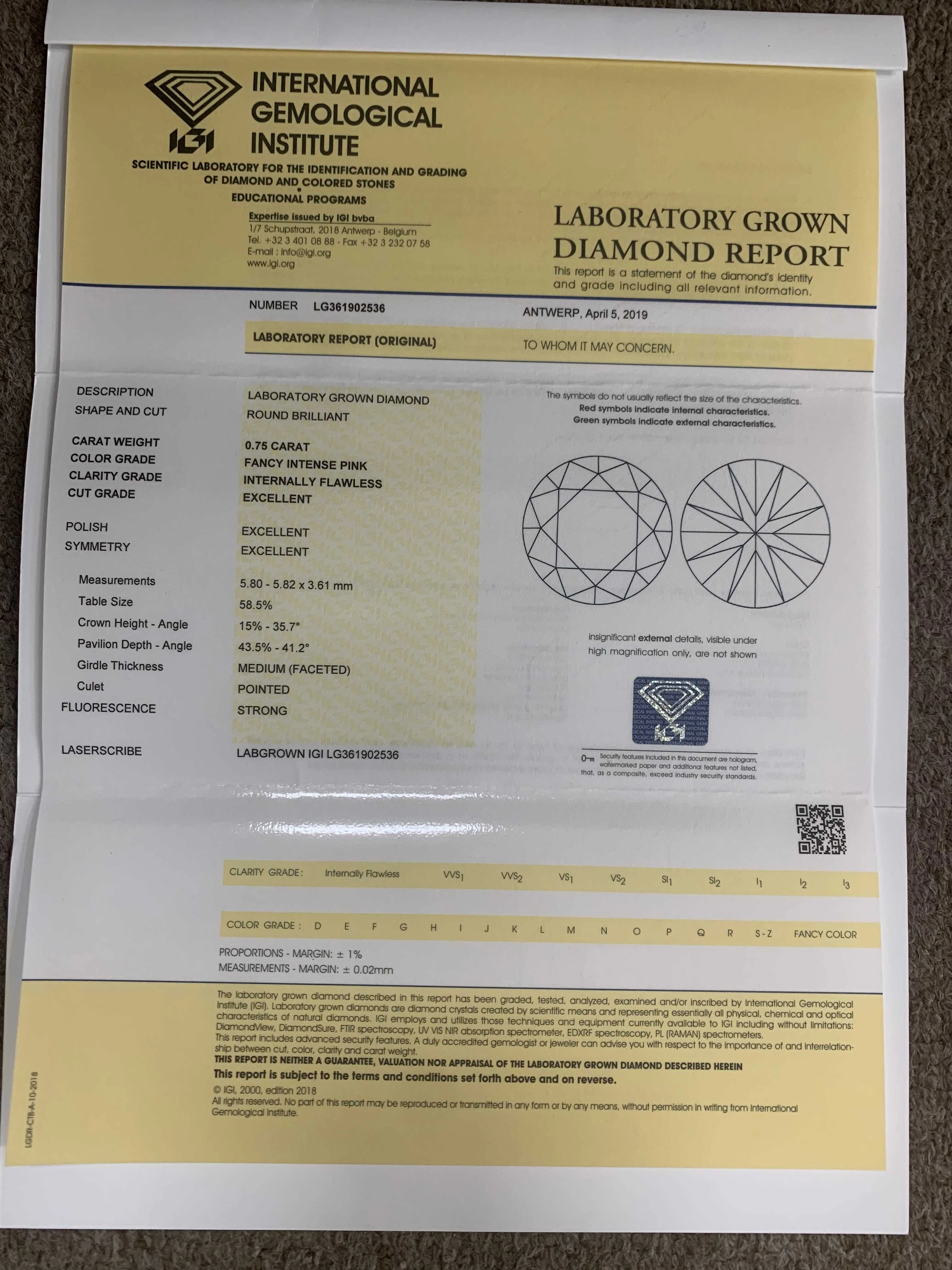 Розовый лабораторный ромбовидный бриллиант лучшего качества 0 75 карат с сертификатом иджи