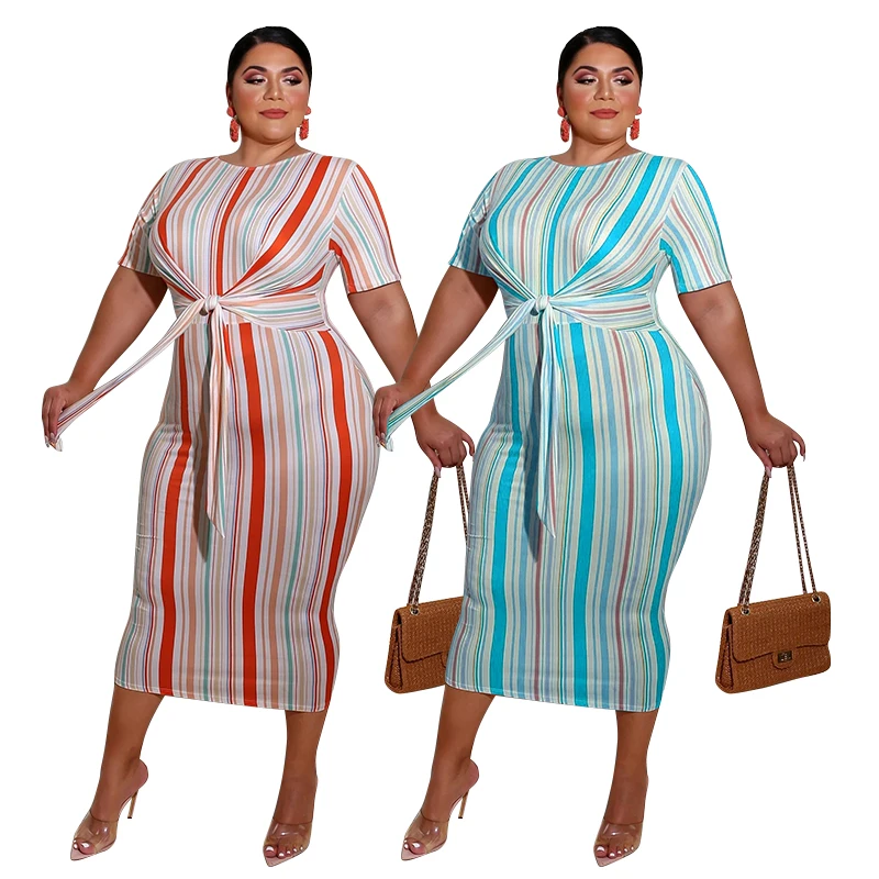 
New Arrivals Woman Fashion Chic Short Sleeve Bodycon Dresses Vertical Strip Plus Size Clothing Woman Dresses 