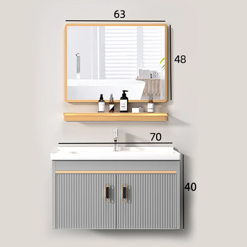 Small house one-piece ceramic basin hotel bathroom 70cm wall mounted carbon fibre mirror cabinet