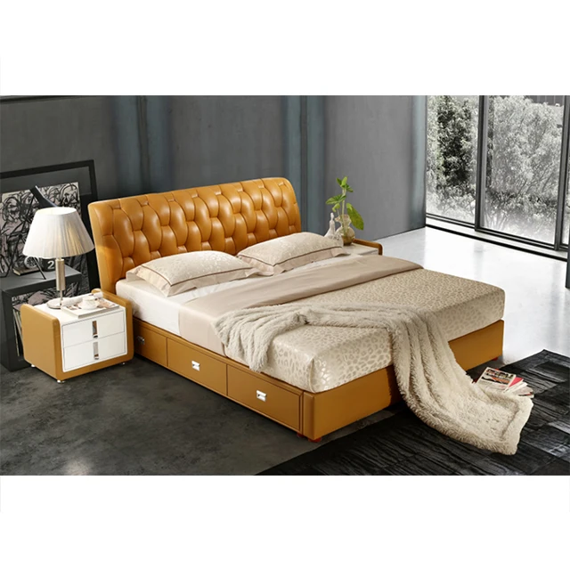 Bedroom Furniture Genuine Leather Bed Upholstered Bed Faux Leather Wood Frame Drawers