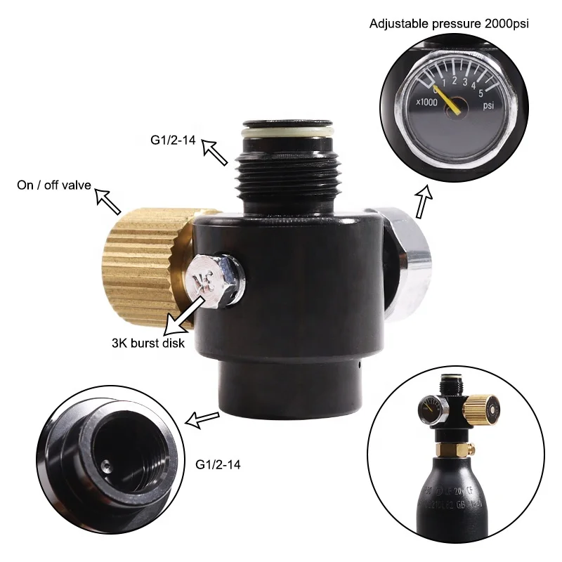 PCP Airsoft Regulator to Air Co2 Paintball Tank G1/2-14 for Pressure Control Adjustable 0-2000psi