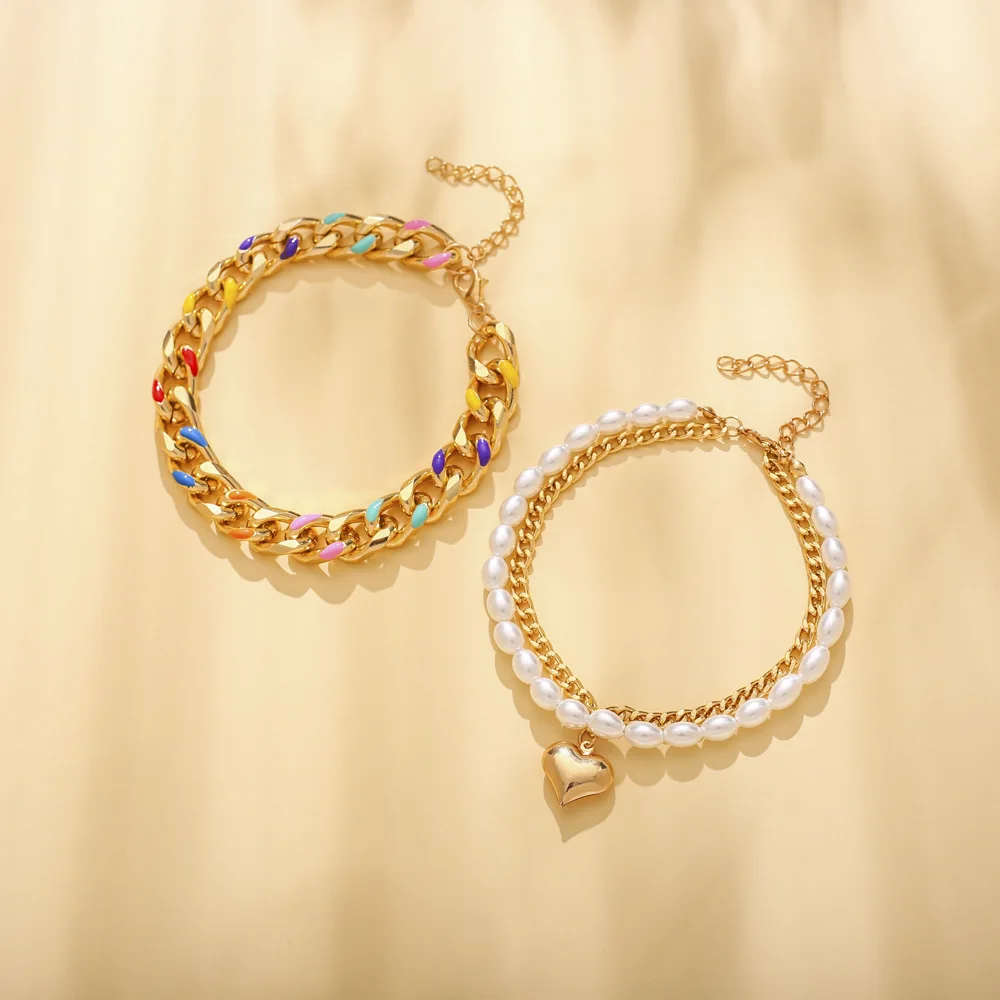 Wholesale Light Luxury Multi Layered Gold Plated Anklet Pearl Heart Summer Anklets For Women Girls