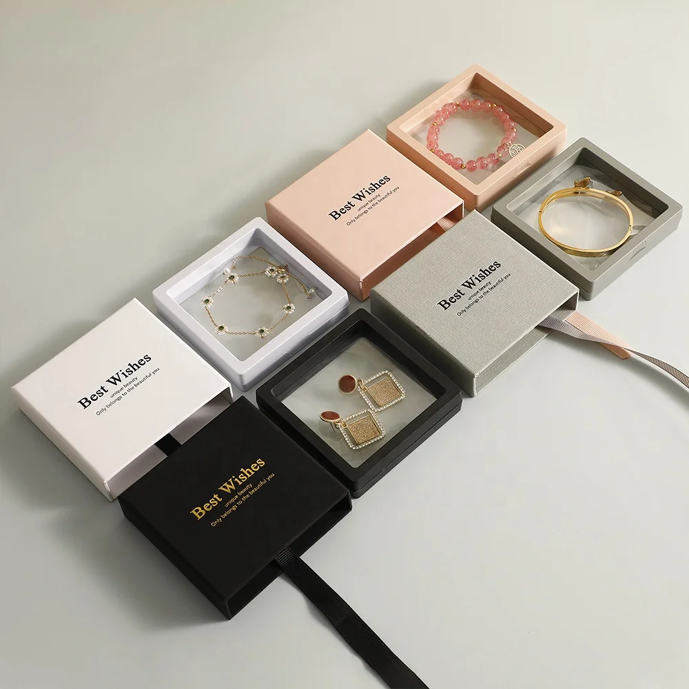 PUPPYSEW Custom logo 9.5*9.5cm Black Jewelry Box Transparent PE Film Display Packing Bracelet Ring Earring