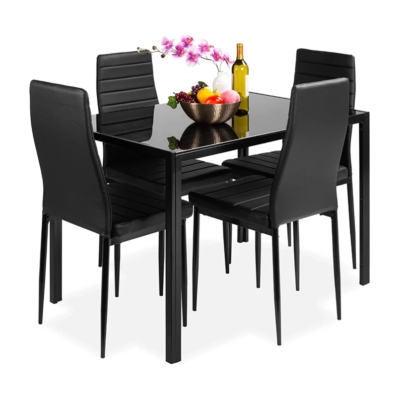 
2021Hot selling style dining room furniture glass tabletop PU chair top 4 chair dining table sets. 