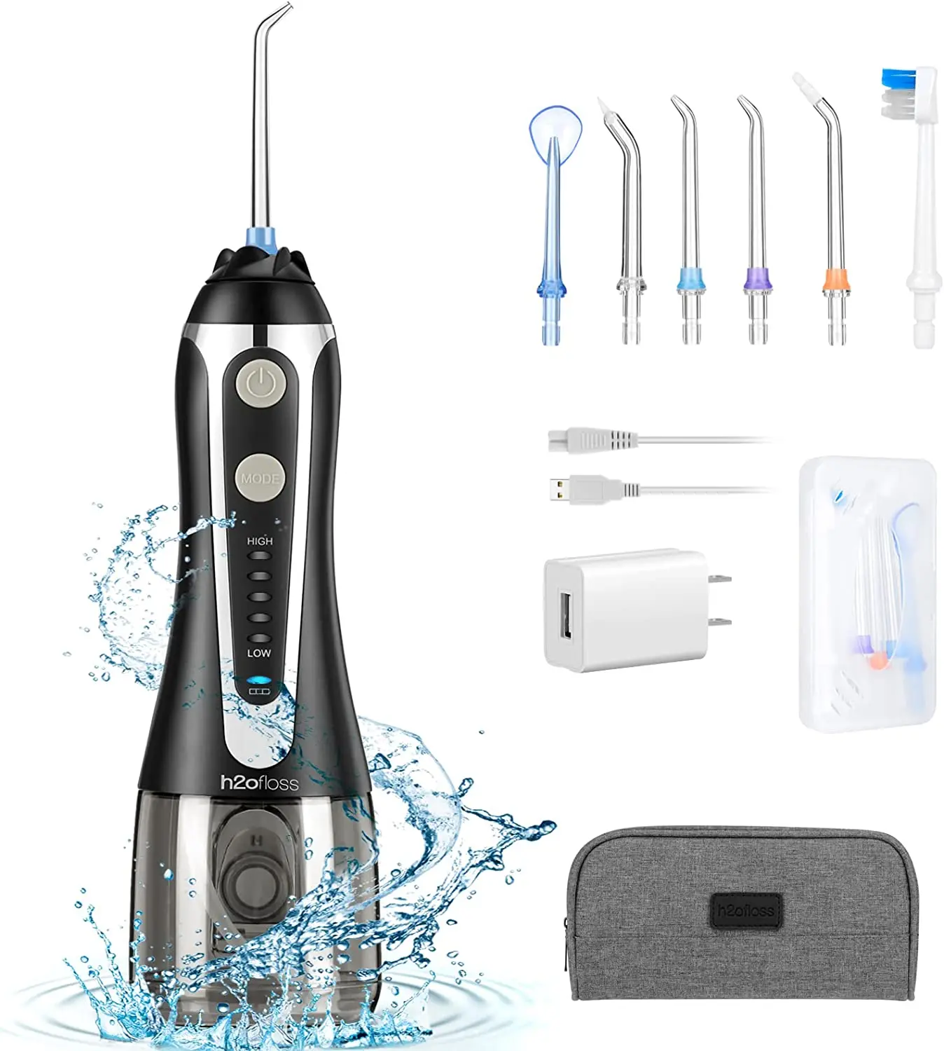 H2ofloss Cordless Water Dental Flosser Portable Oral Irrigator for Teeth Braces Rechargeable IPX7 Waterproof Teeth Cleaner