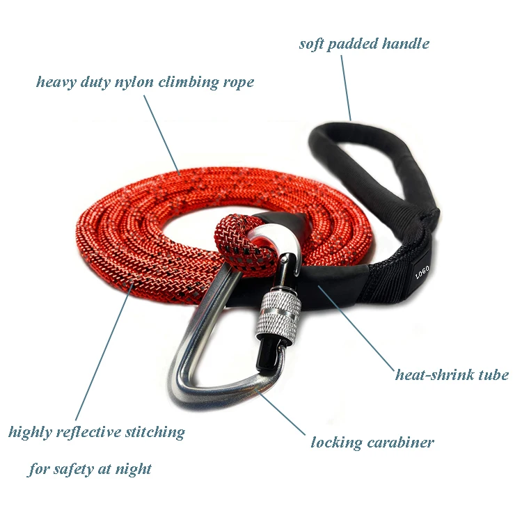 Durable Reflective Nylon Pet Lead Handle Padded Dog Rope Leash with Locking Carabiner