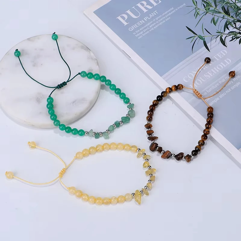 Fashion Natural Crystal Stone Bracelet Crystal Chips Natural Stone Tiger Eye Amethyst Macrame Cord Adjustable Gem Lucky Bracelet