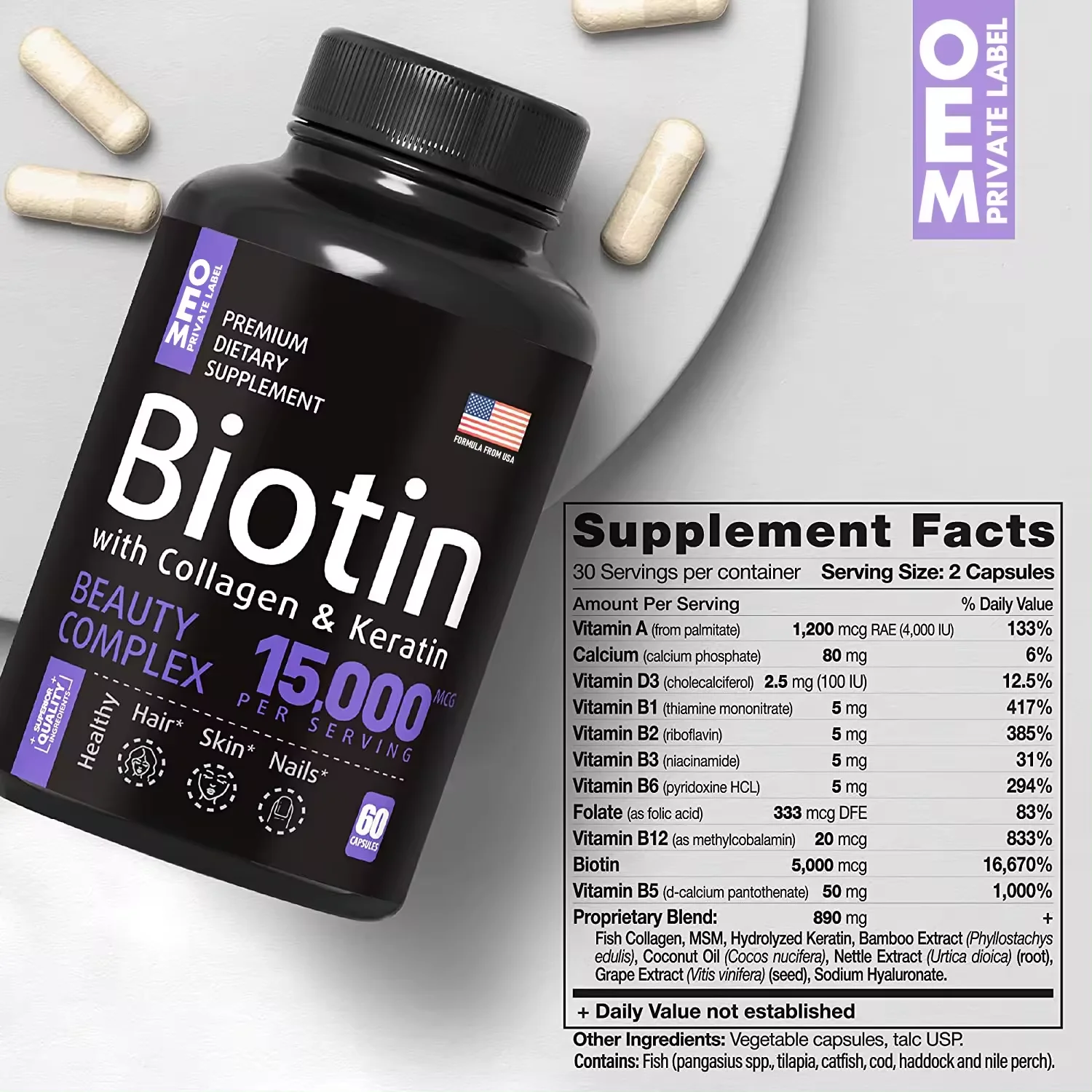 OEM/ODM private label Biotin Keratin Collagen Pills organic Biotin Capsules for Hair Skin and Nails Vitamins Biotin Supplement