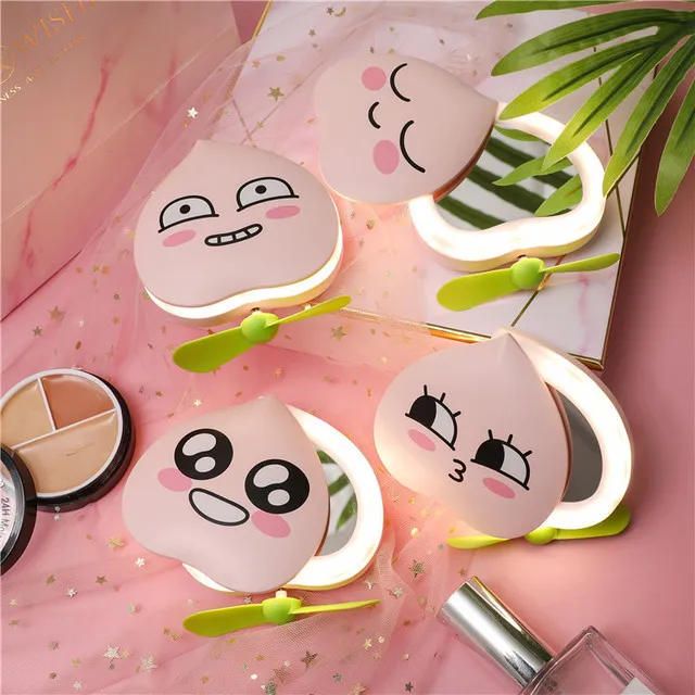 2023 New Arrivals LED Lighted Makeup Mirror Peach Mini Portable Compact Mirror with fan vanity mirror with lights