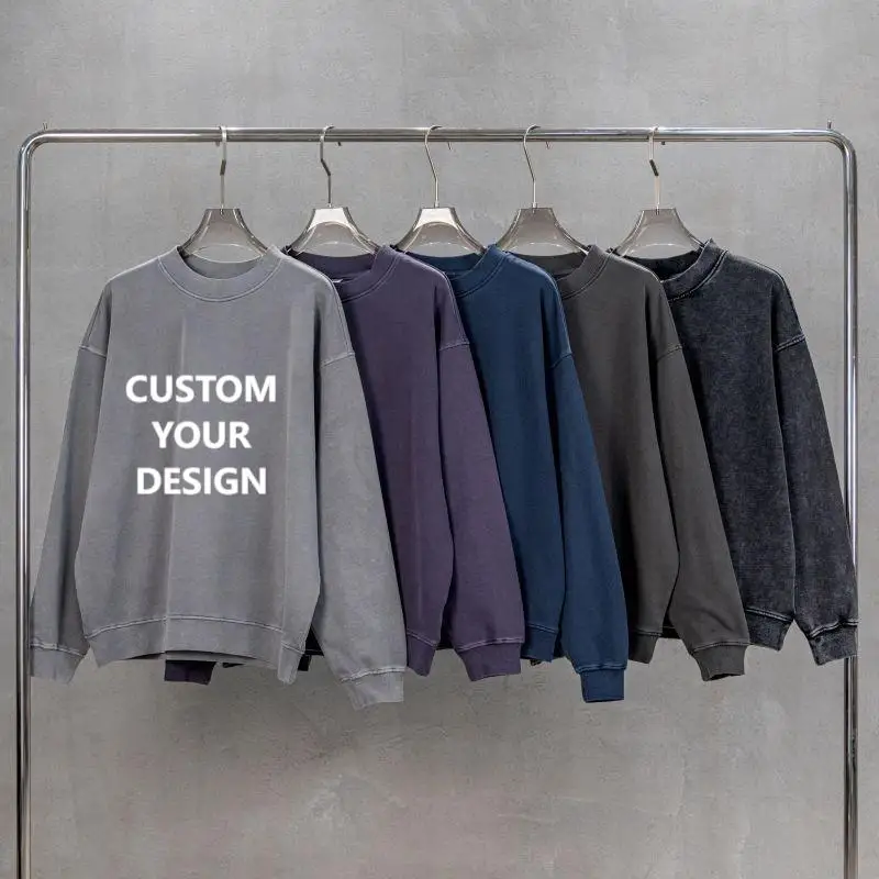 Wholesale Streetwear Stone Washed Sweatshirt Pullover Custom 400 Gsm 100 Cotton Heavy Men Vintage Acid Wash Crewneck Sweatshirts