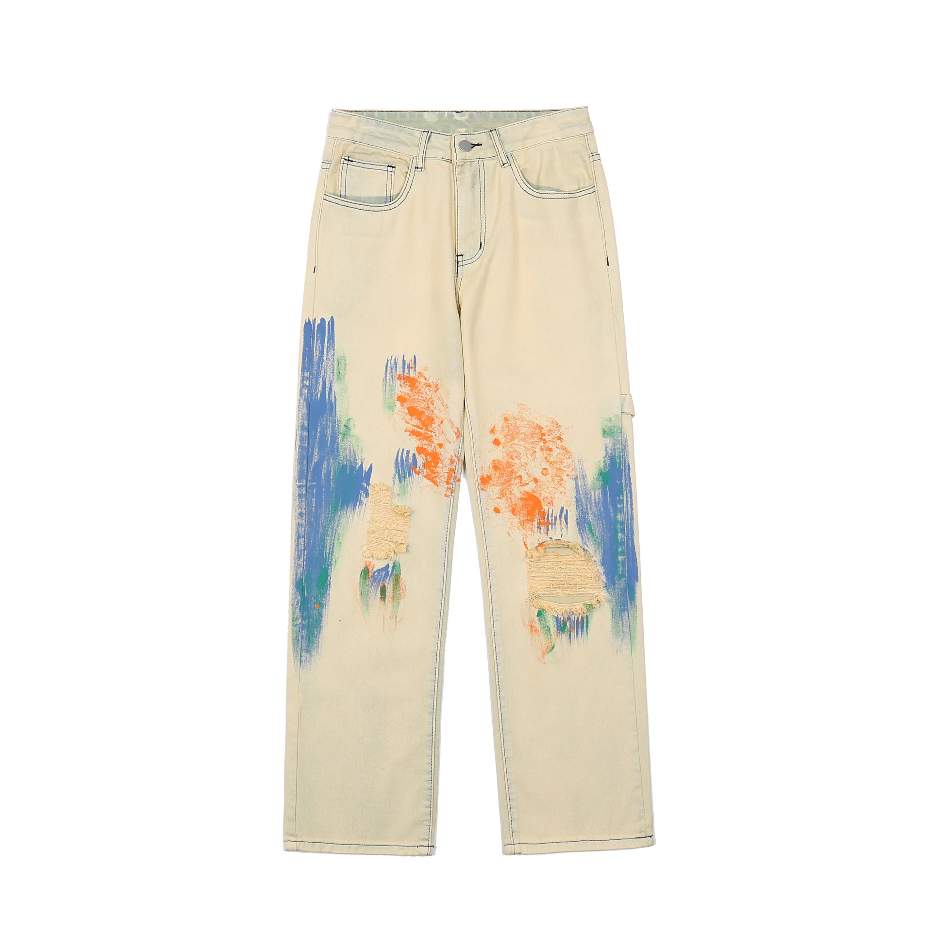 2021 new couple style ripped straight jeans graffiti painting tie-dye hip-hop loose jeans