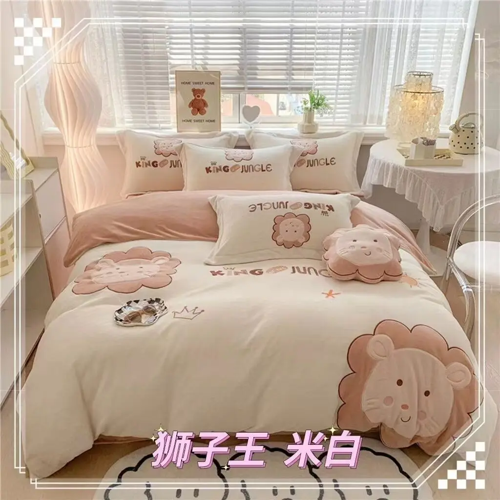 4pcs Kids Polyester Flannel Bedding Set Cute Cartoon Thicken Duvet Cover Quilted King/Queen/Twin Soft Linen Animal Bedroom