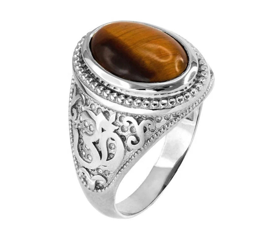 Tiger eye engraved stone 925 sterling silver men stone rings