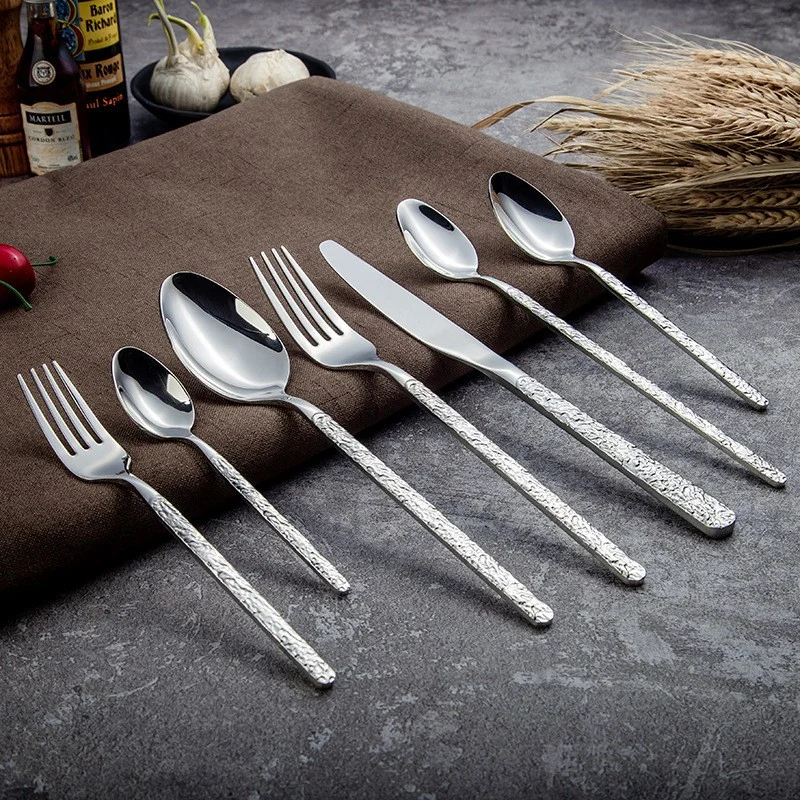 Cutlery hammered flatware golden 18/10 cutlery kitchen flatware modern forged gold silver premium stainless steel cutlery set