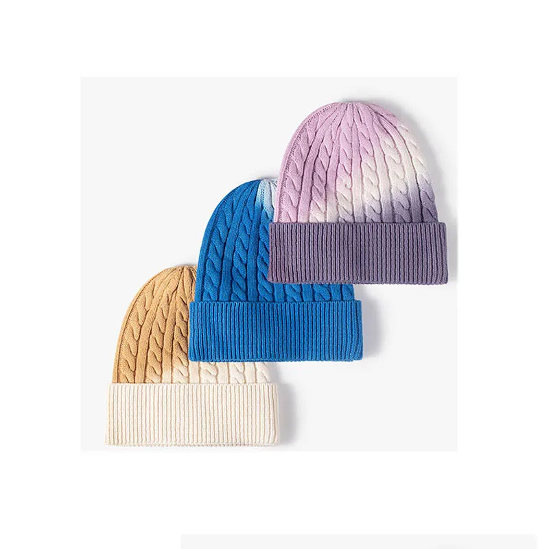 High quality women fashion plain beanie knitted custom logo men outdoor winter warm gradient tie die beanie hat