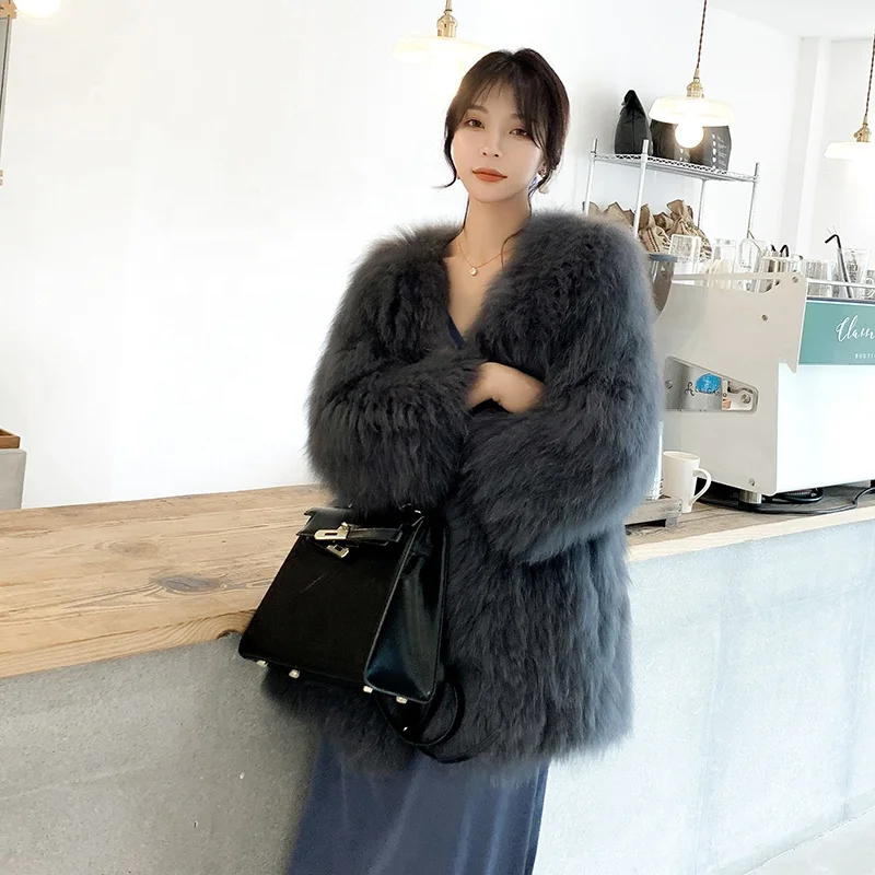 YR1096 New Arrival Plus Size Coats Women Winter Fluffy Knitted Jacket Natural Real White Fox Fur Coat