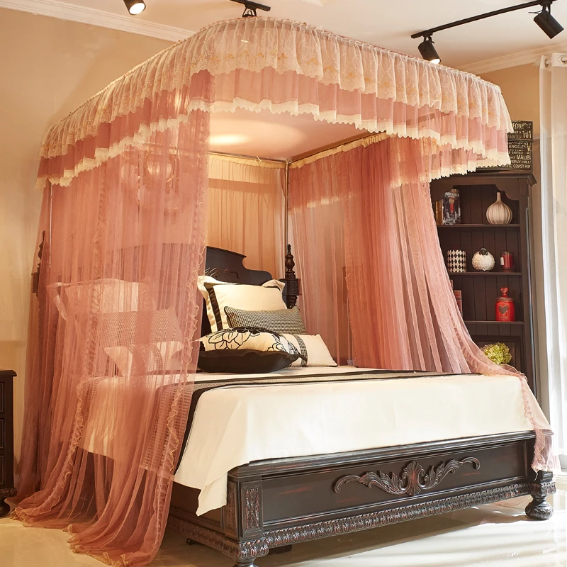 Fashionable Double Bed Romantic Square Guide Rail Lace Embroidery Adult Baby Mosquito Net