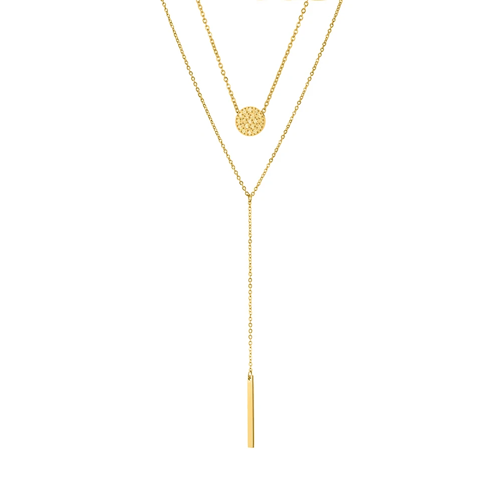 eManco Factory Sale Vertical Bar Round Zircon Pendant Chain Necklace Set 316L Stainless Steel Necklace