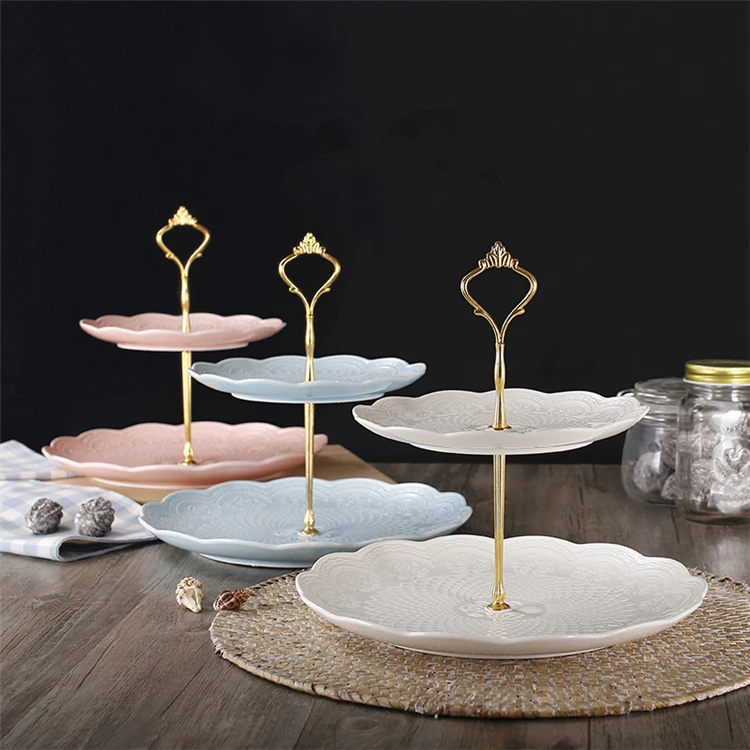 Factory direct sell various color fancy ceramic 2 tier cake plate for restaurant