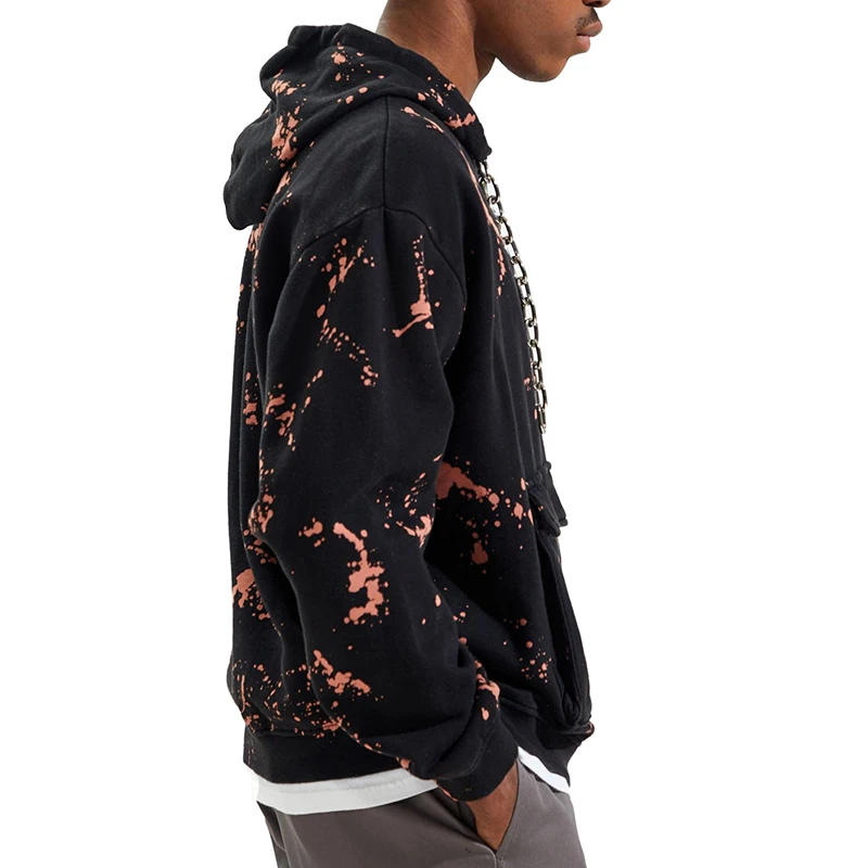 Multi-colored Paint Splatter Distressed Hoodie with Metal Chain Drawstring