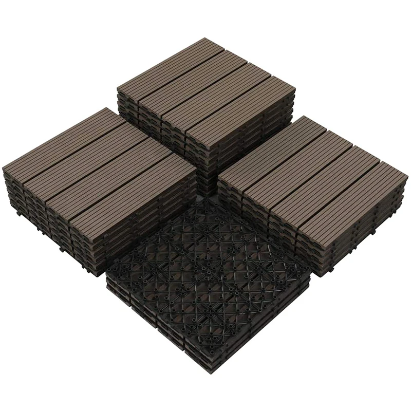 Teak brown black terrace floor composite decking tiles wood plastic wpc interlocking diy floor tiles