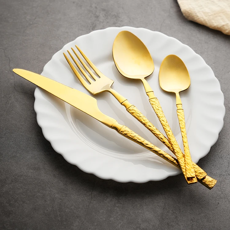 Unique Gift Item Cutlery Set Bark Pattern Handle Flatware Gold Stainless Steel Fork and Spoon Set With GOOD PRICE