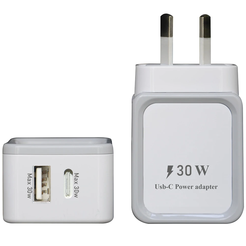 USB C +USB A 30W PD  charger Adapter with Power Delivery 3.0 and QC 3.0 technologies