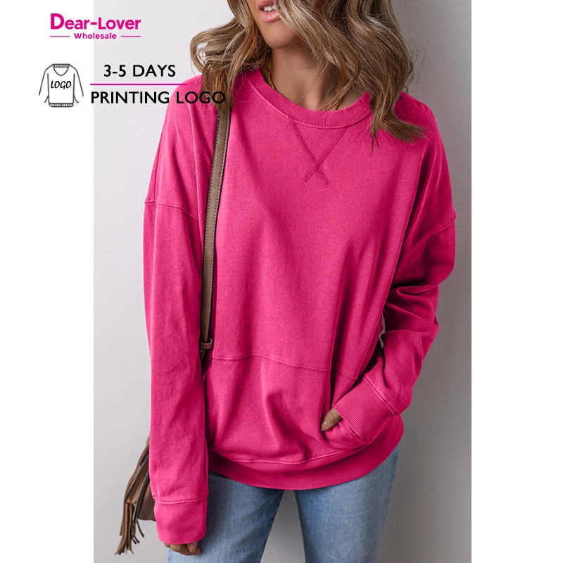 Dear-Lover Custom Logo Women Rose Red Drop Shoulder Crisscross Stitching Pocketed Loose Sweatshirt