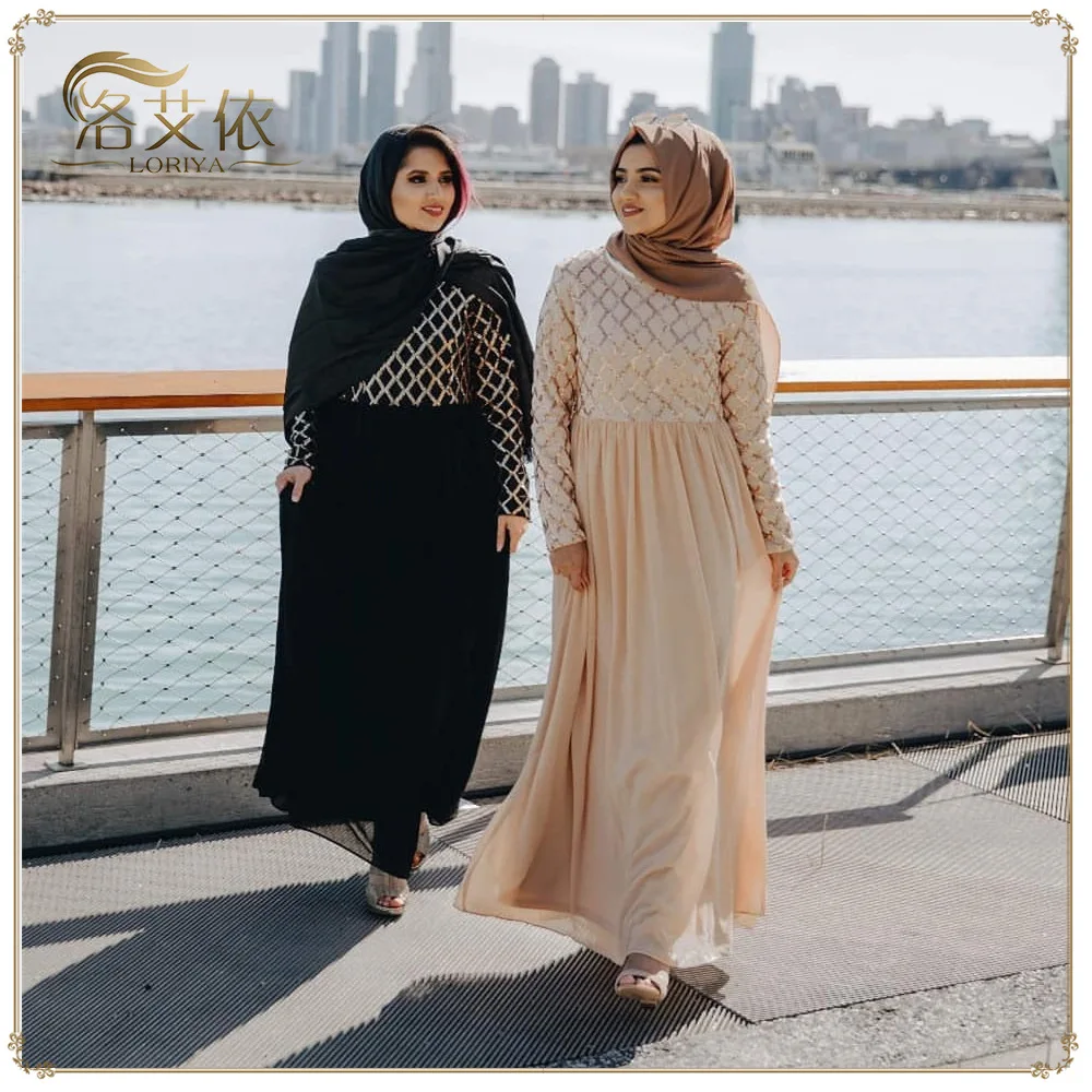 New Double-layer Round Neck Hollow Elegant Muslim Evening Gold Stamping Printing Muslim Dress Women Party Dresses