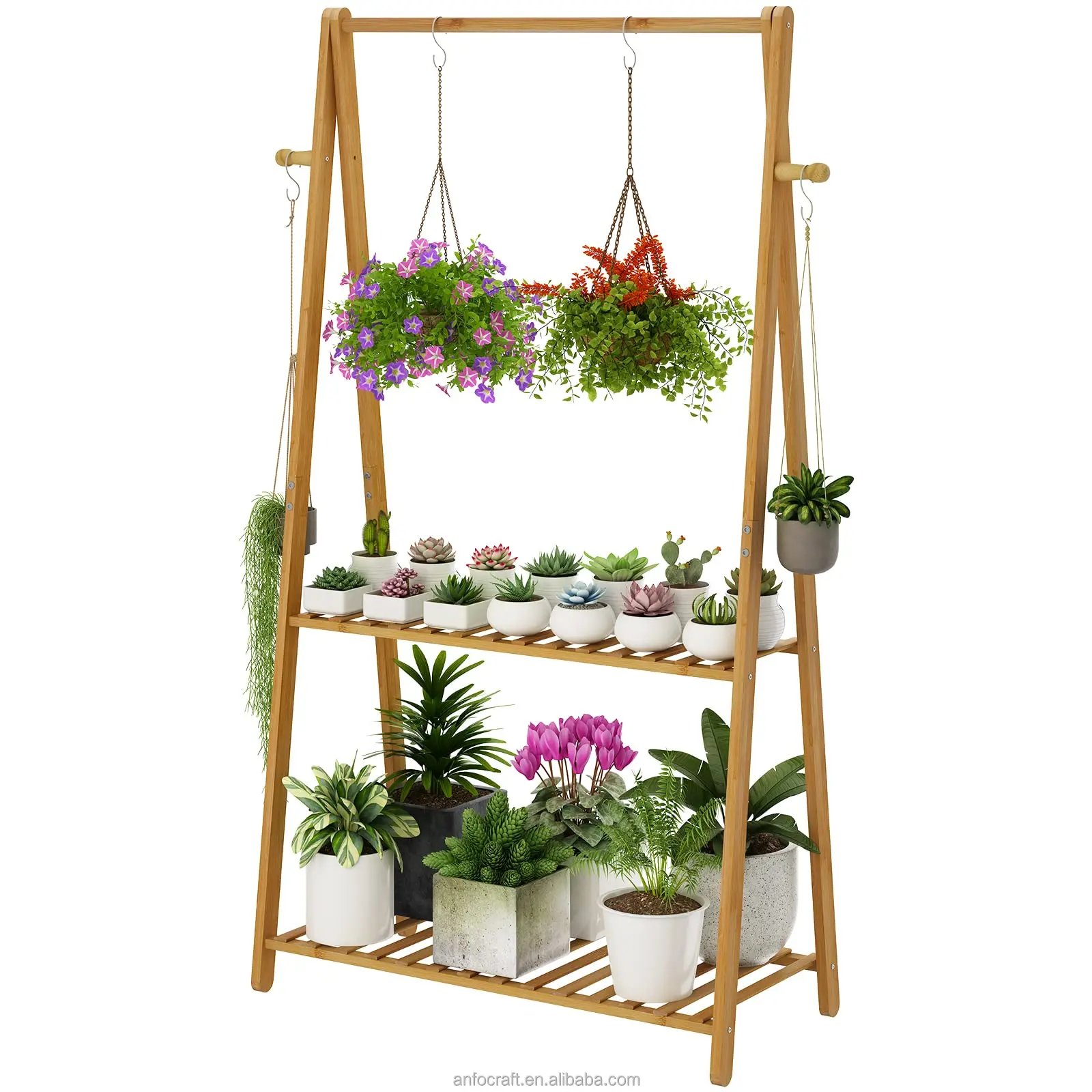 2-Tier Elegant Wood Corner Plant Shelf Rack Hand Carved Indoor Outdoor Flower Pot Planter Stand Hanger