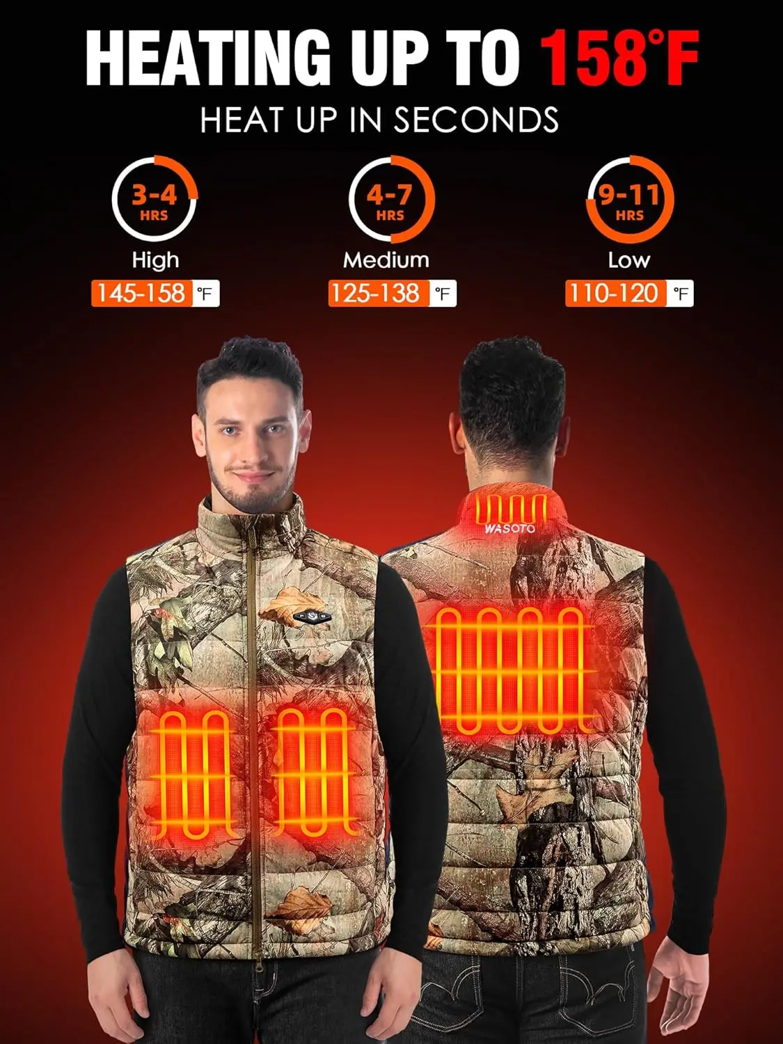 Wasoto Winter Body Warmer USB Battery Heating Vest With 3 Heat Temperature Settings Electric Men Windproof Heated Vest