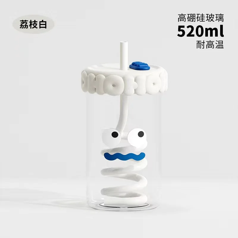 HECION Girls Straw Milk Tea High Borosilicate Glass Cup With Lid Single Layer Water Cup Cute Milk Glass Coffee Cup For Children