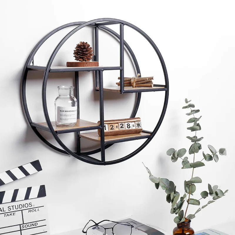 Home Decoration Storage Rack Modern Hanging Metal and Wood Round Design Nordic Wall Shelf
