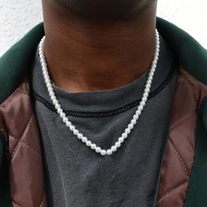 Hot Selling Men ABS Pearl Beaded Necklace Jewelry European Hip Hop Stackable 6mm 8mm 10mm Round Pearl Choker Necklaces for Men