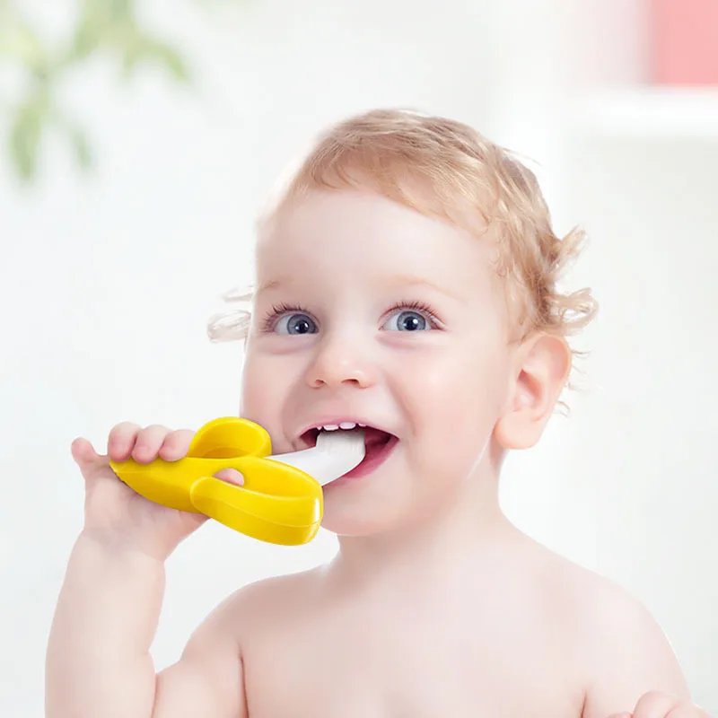 Wholesale fruit banana baby toothbrush teether toy for kids baby teething toy silicone baby teether