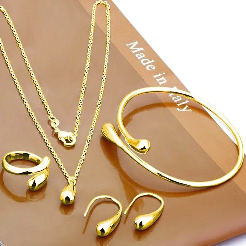 VKME New Fashion 4pcs/set Silver Drop Women Jewelry Set Necklace Earrings Twisted Rings And Bangle Gold Plated Jewelry Sets