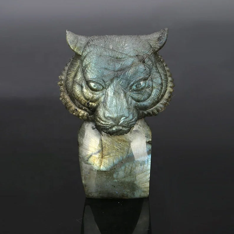 Animal Tiger Stone Figurine Crystal Crafts, Natural Labradorite Stone Decoration, Souvenir Gift Healing Crystal Figurines