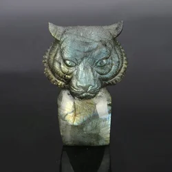 Animal Tiger Stone Figurine Crystal Crafts, Natural Labradorite Stone Decoration, Souvenir Gift Healing Crystal Figurines