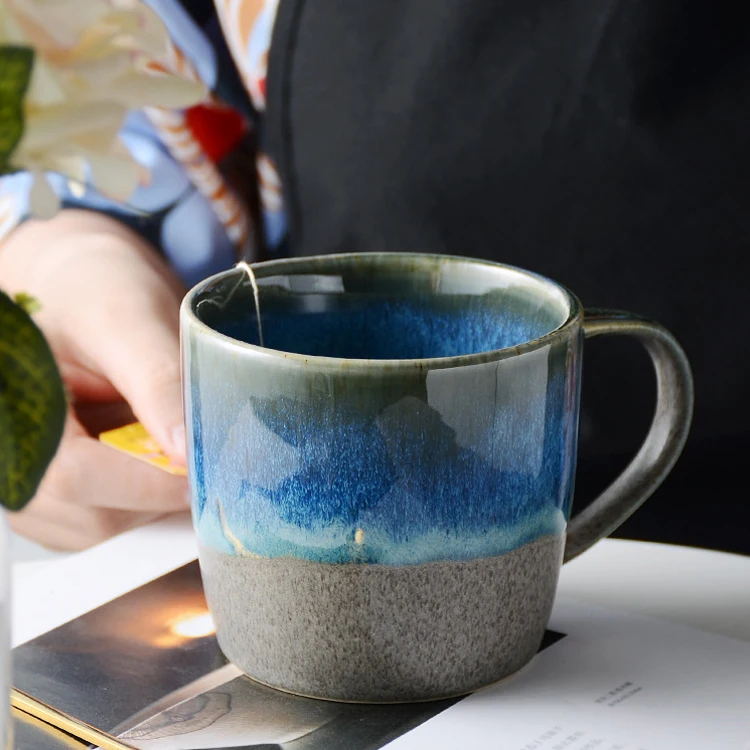 Reactive color glazed ceramic mug with two colors mixed stoneware coffee cup terracotta tea cup retro cup