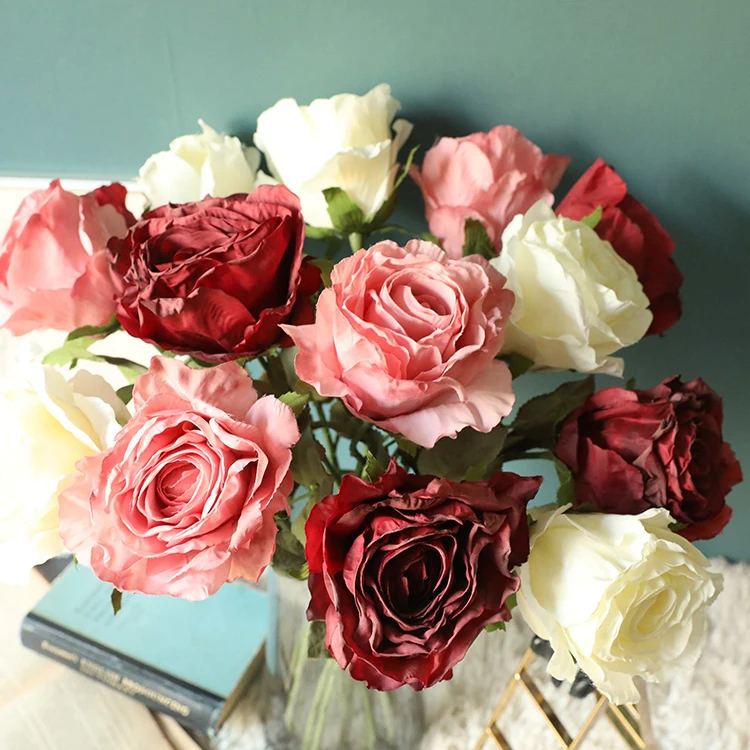 China hot sale spring colorful artificial red real touch silk large rose flower bouquet decoration