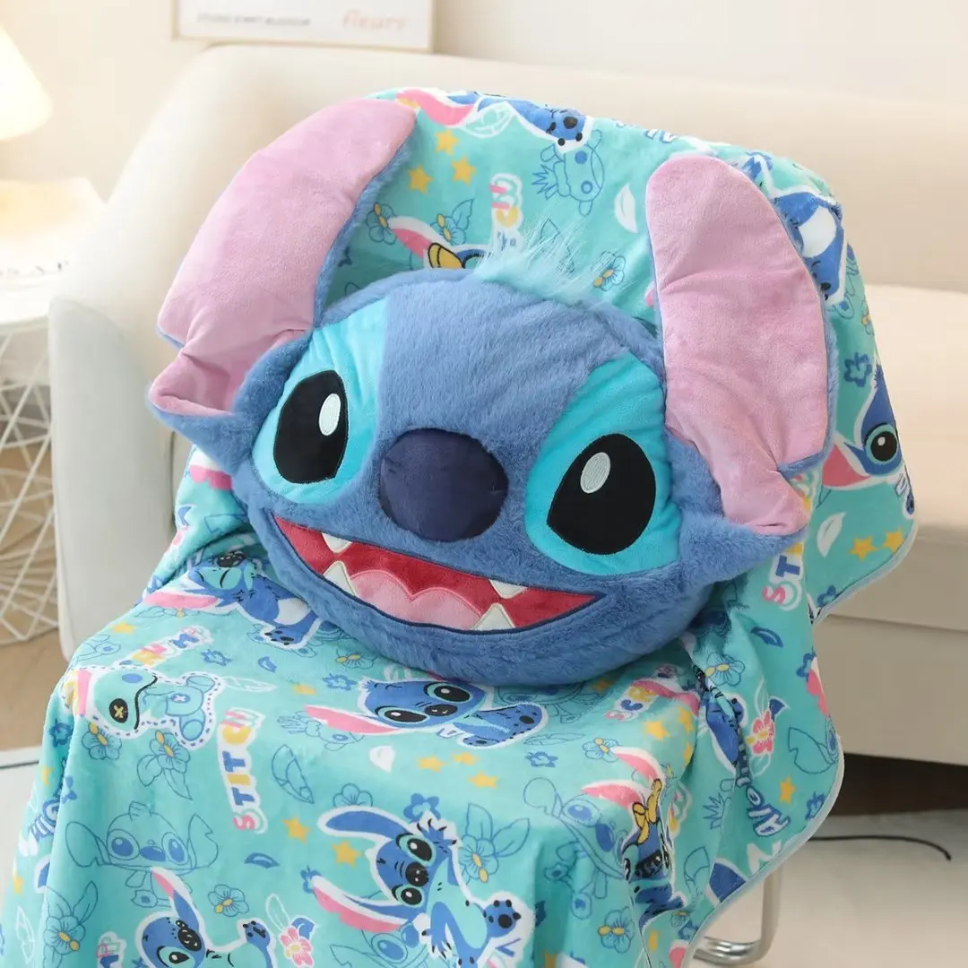 Kawaii Stitch Blanket and Pillow Cartoon Anime Doll with Soft Cotton Plush Toys and PP Filling Nap Blanket for Kid Birthday Gift