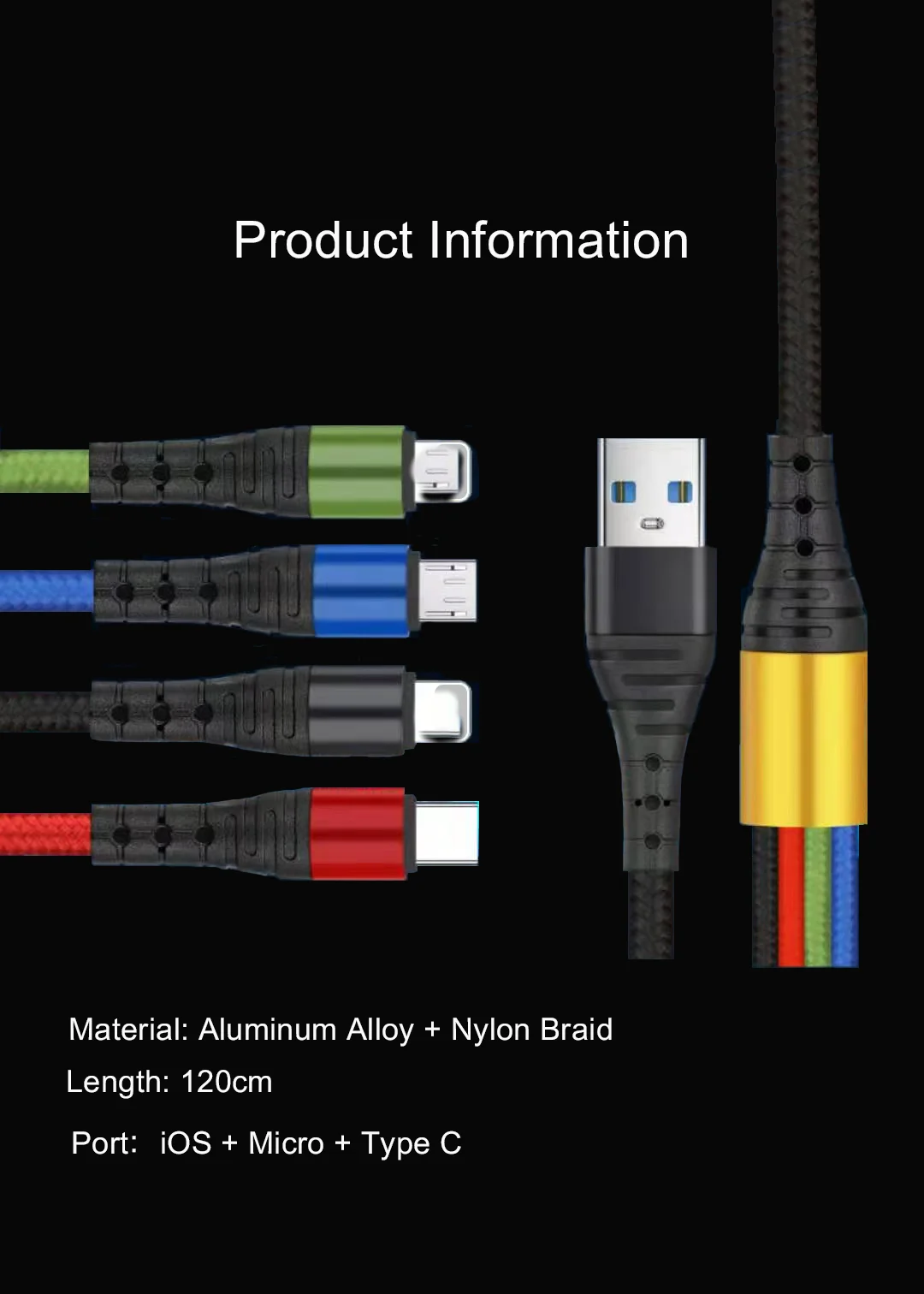 
Fast Charging 2 TYPE C Nylon Braided Aluminium Alloy 3 in 1 4 in 1 USB Cable Multi 3 in 1 Cable Charger 