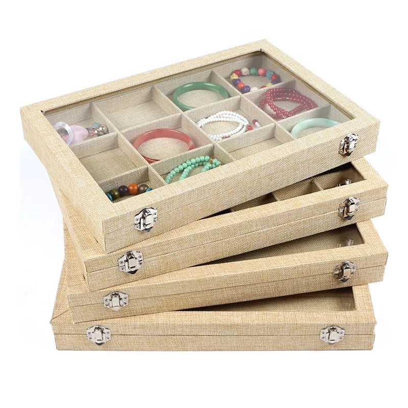 Китай оптовая продажа Роскошные джутовые ювелирные изделия кольцо цепочки и ожерелья дисплей коробка с стекло окно