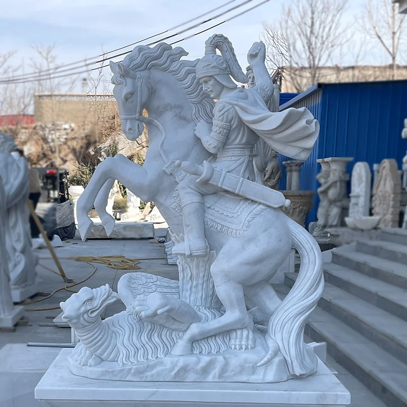 Life Size Marble St George And The Dragon Statue For Sale