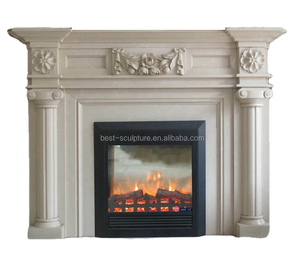 Western Style Marble Fireplace Surround Hand Carving Pure White Stone Fireplace Mantel Sculpture