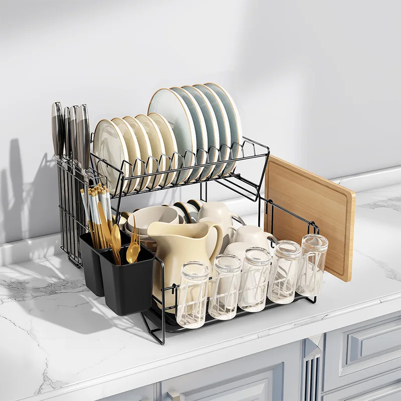 Dish Drying Rack Steel 2-Tier Dish Rack with Utensil Holder Cutting Board Holder and Dish Drainer for Kitchen
