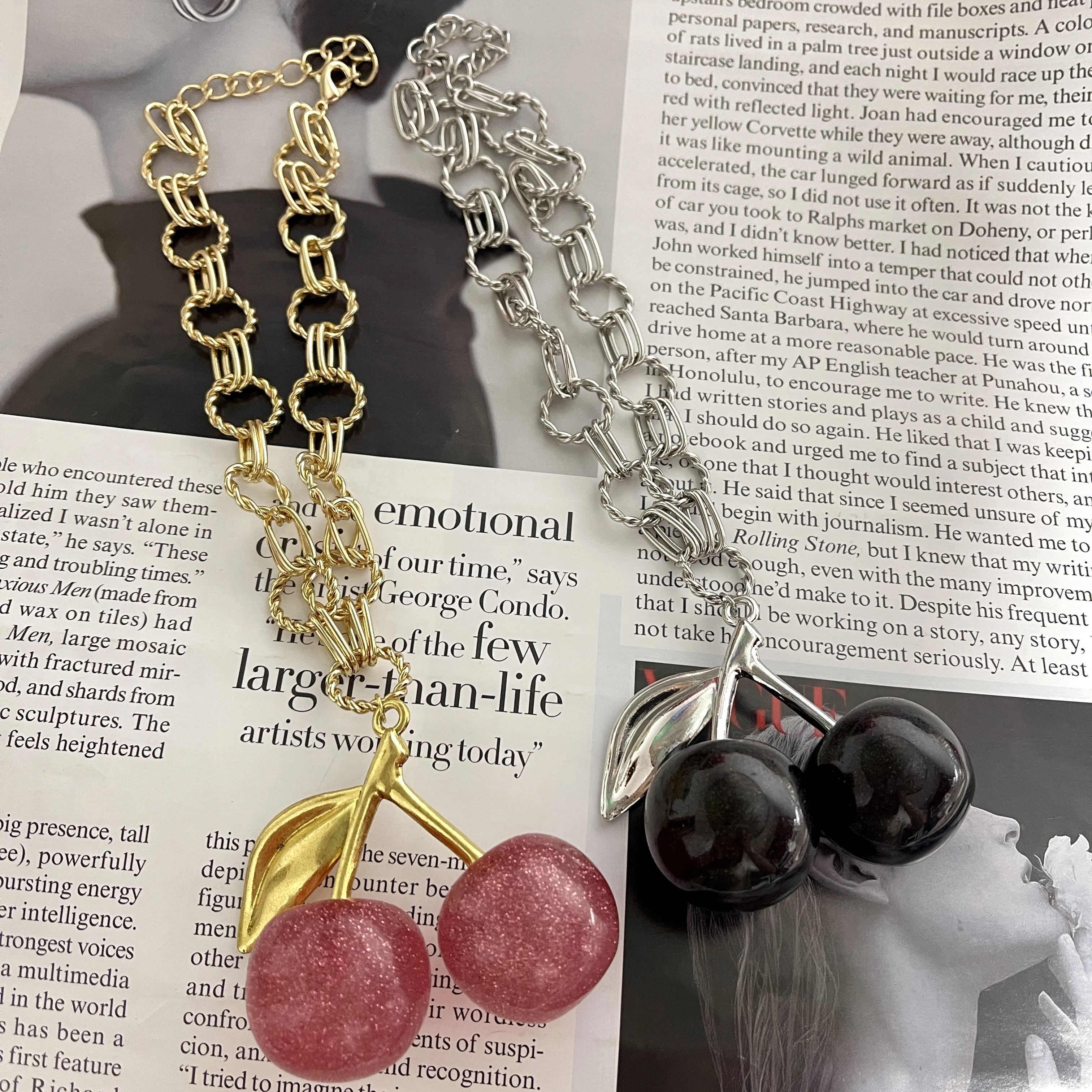 Fashion Big Chain Big Red Cherry Pendant Necklace Strawberry Grape Mango Banana Charm  Women Popular Jewelry Necklace Wholesale