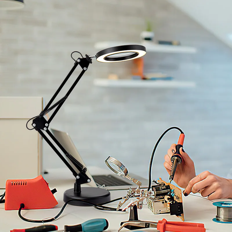 Multifunctional 2 in 1 long arm folding magnifying glass beauty embroider nail table lamp for reading